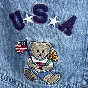 VTG XQUIZZIT Denim Shirt USA Bear Embroidery Button Up M Patriotic 4th